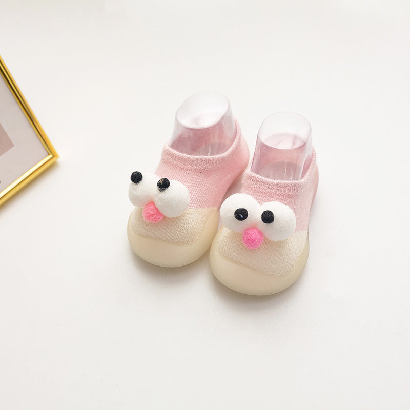 Stevvex baby anti-slip shoes pair pink cream cotton indoor socks with cartoon eyes on Tampa Home & Garden Store