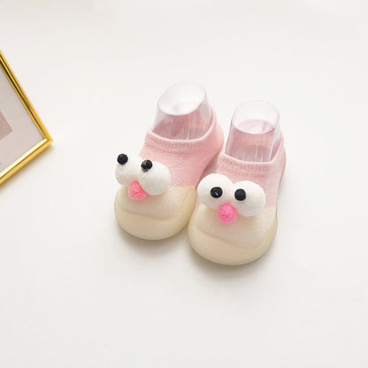 Stevvex baby anti-slip shoes pair pink cream cotton indoor socks with cartoon eyes on Tampa Home & Garden Store
