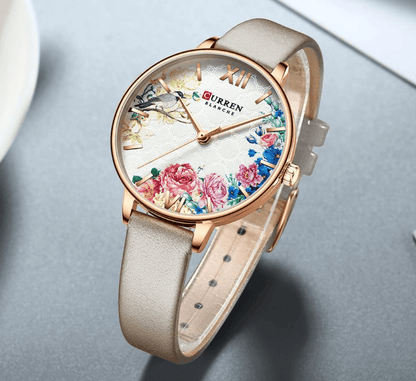 Womens Stevvex watch with decoupage dial, Roman numerals, rose gold case beige strap on Tampa Home & Garden Store