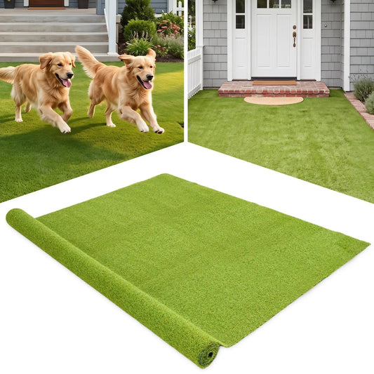 Artificial turf rug 15x7 ft DirectDeals, 0.75 in pile, bright green lawn with two dogs on Tampa Home & Garden Store
