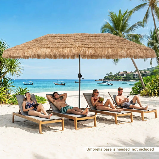 DirectDeals Double-Sided Thatched Tiki Patio Umbrella 15x9 ft with Crank shading beach loungers on Tampa Home & Garden Store