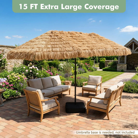 Double-Sided Thatched Tiki Patio Umbrella 15x9 ft by DirectDeals with crank over beige seating on Tampa Home & Garden Store