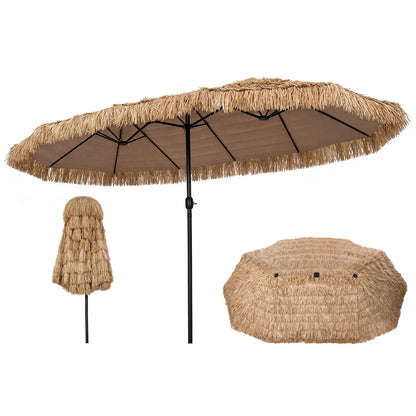 Double-Sided Thatched Tiki Patio Umbrella 15x9 Ft