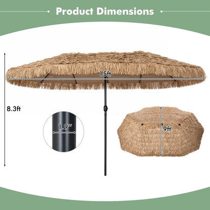 Double-Sided Thatched Tiki Patio Umbrella 15x9 Ft