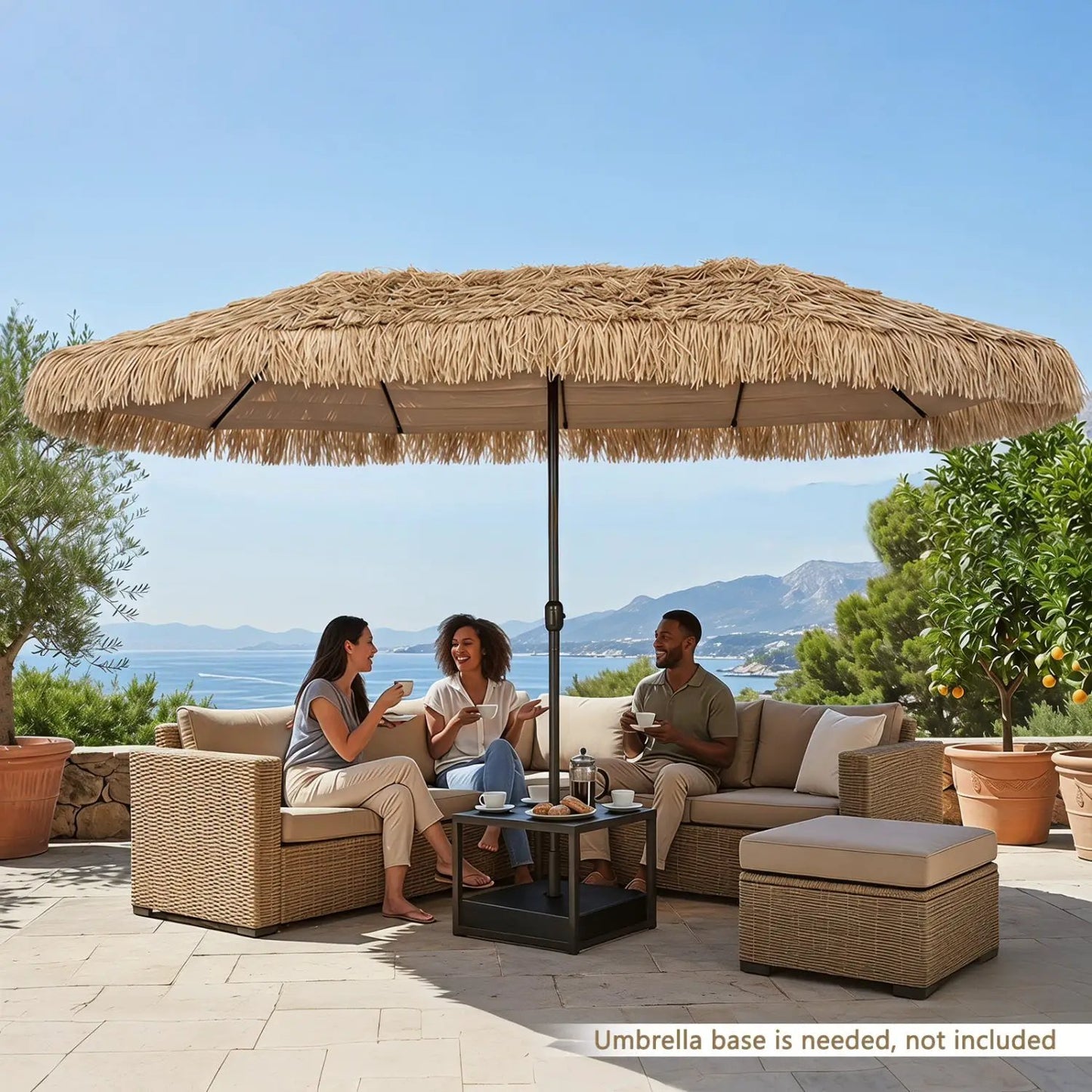 Double-Sided Thatched Tiki Patio Umbrella 15x9 Ft