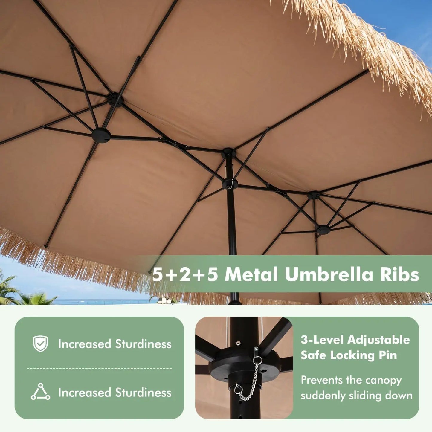 Double-Sided Thatched Tiki Patio Umbrella 15x9 Ft