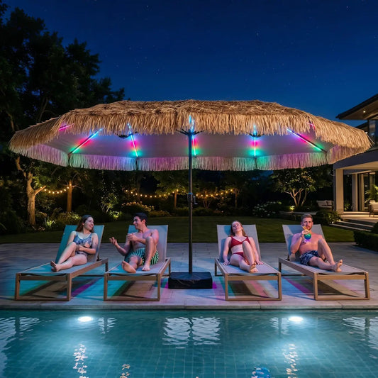 Double-Sided patio umbrella 15x9 ft with thatch canopy and solar LED lights DirectDeals on Tampa Home & Garden Store
