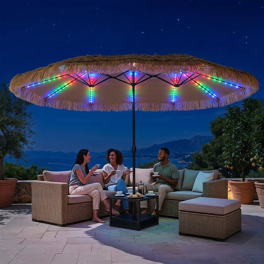DirectDeals 15x9 ft double-sided patio umbrella with solar LED lights over outdoor seating on Tampa Home & Garden Store