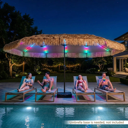 Double-Sided Patio Umbrella 15x9 ft with Solar LED Lights thatched canopy over pool lounge on Tampa Home & Garden Store
