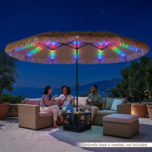 DirectDeals double-sided patio umbrella 15x9 ft with solar LED lights over seating at night on Tampa Home & Garden Store