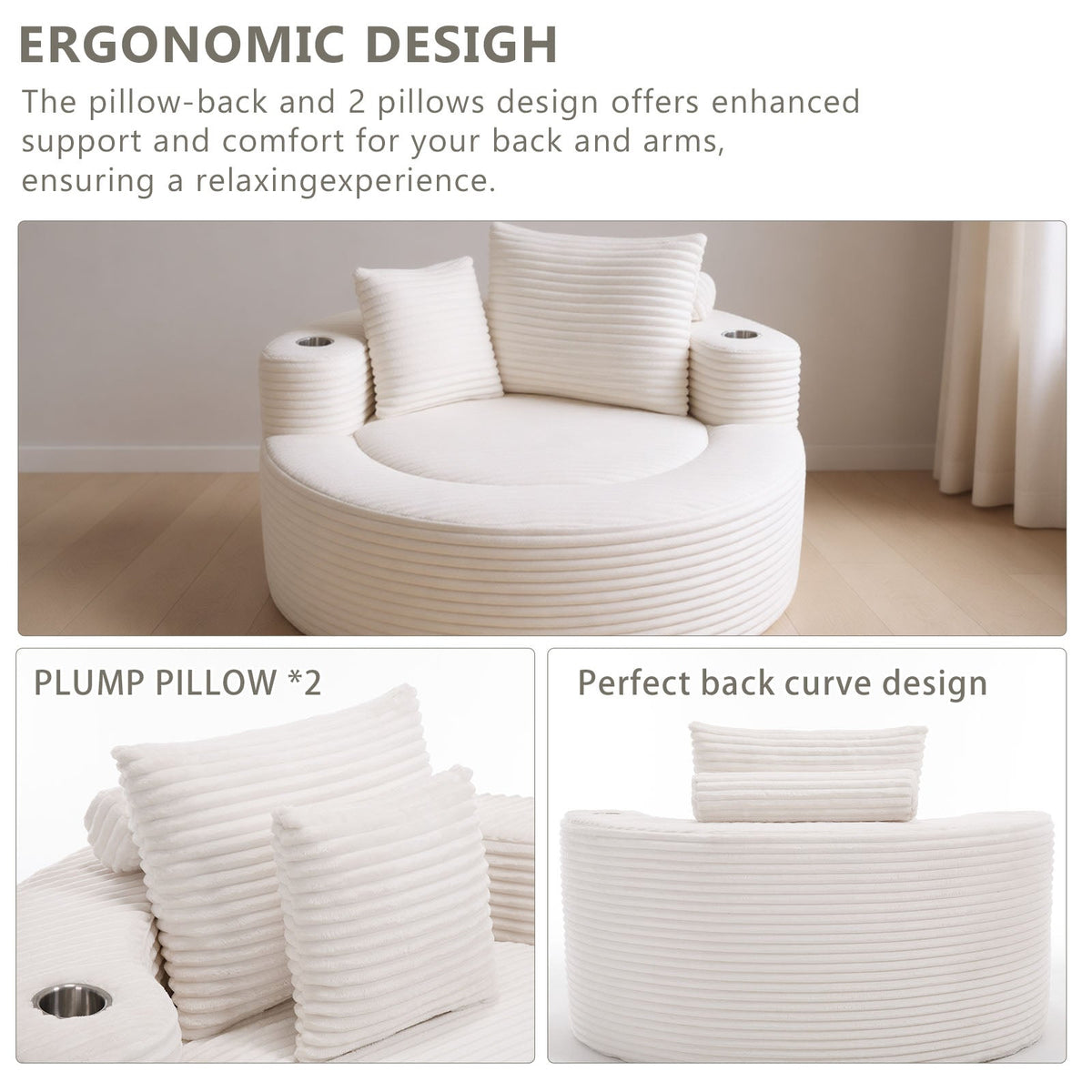 Round white memory-foam sofa bed by HouseOfZazla with bolster pillows for living room on Tampa Home & Garden Store