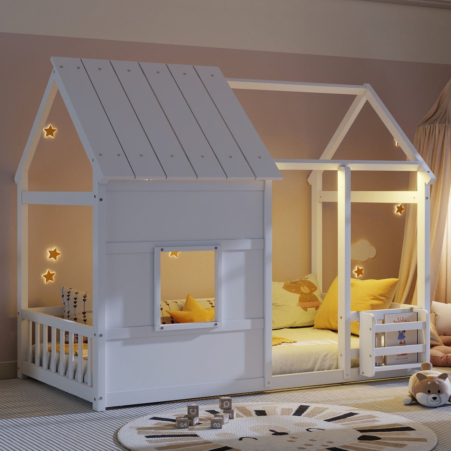 Cozy House Kids Bed with Led Lights and Bookshelf