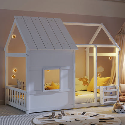 Cozy House Kids Bed with Led Lights and Bookshelf