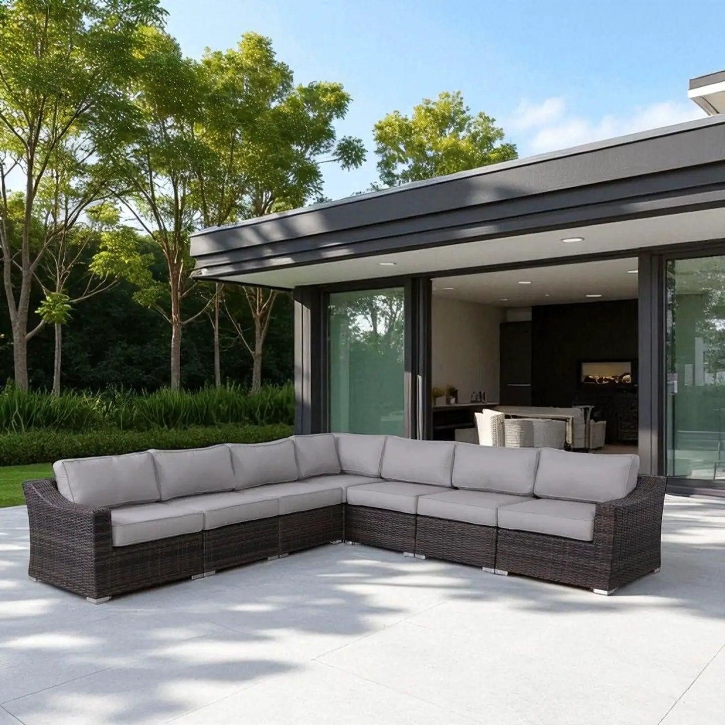 Contemporary outdoor rattan wicker sectional seating group with cushions, L-shaped layout on Tampa Home & Garden Store