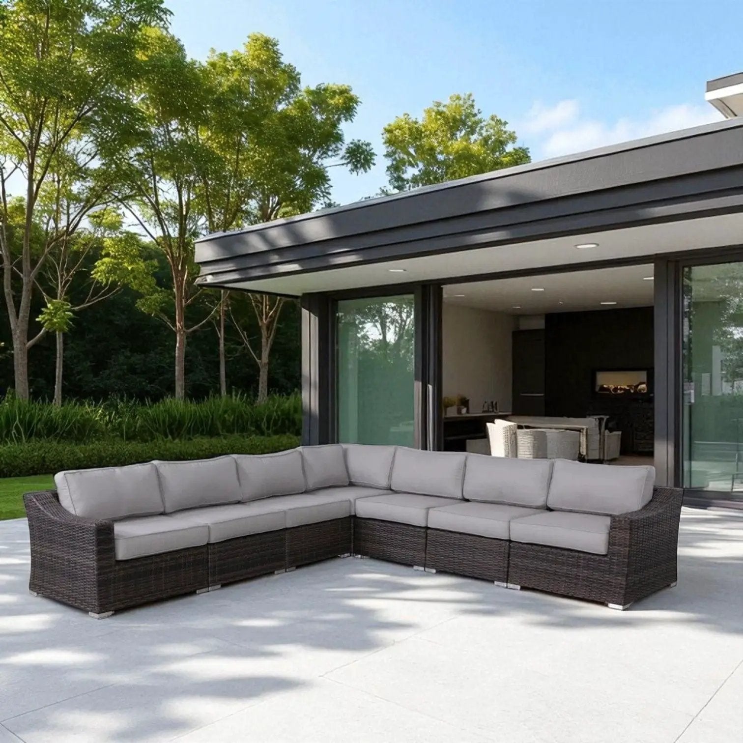 Contemporary outdoor rattan wicker sectional seating group with cushions, L-shaped layout on Tampa Home & Garden Store