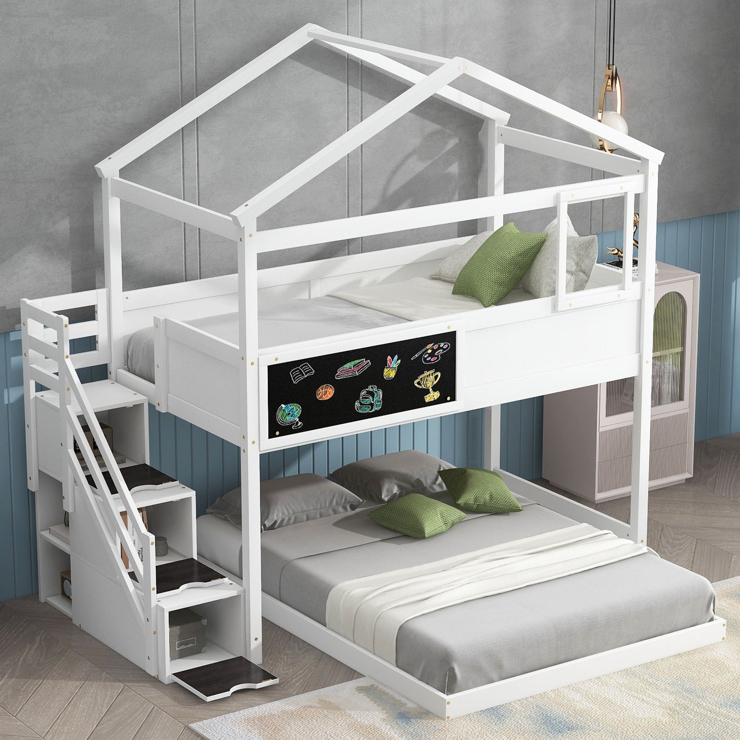 House Style bunk bed white with storage staircase and chalkboard panel HouseOfZazla on Tampa Home & Garden Store