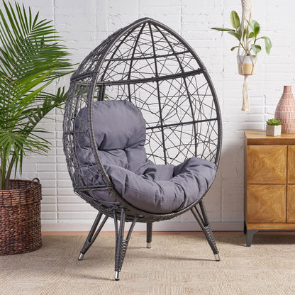 Cosmos Round Teardrop Chair, hammered iron, black accent by HouseOfZazla with gray cushions on Tampa Home & Garden Store