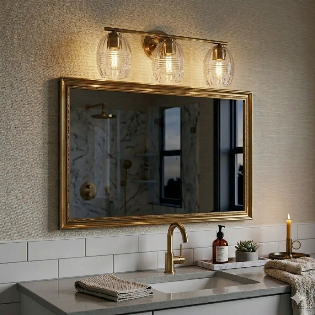 Luster 3-light vanity wall lamp satin gold with clear glass shades above a bathroom mirror on Tampa Home & Garden Store