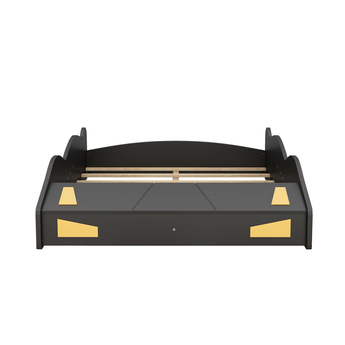 Race car shaped platform bed by HouseOfZazla in black with yellow accents and wheel motifs on Tampa Home & Garden Store