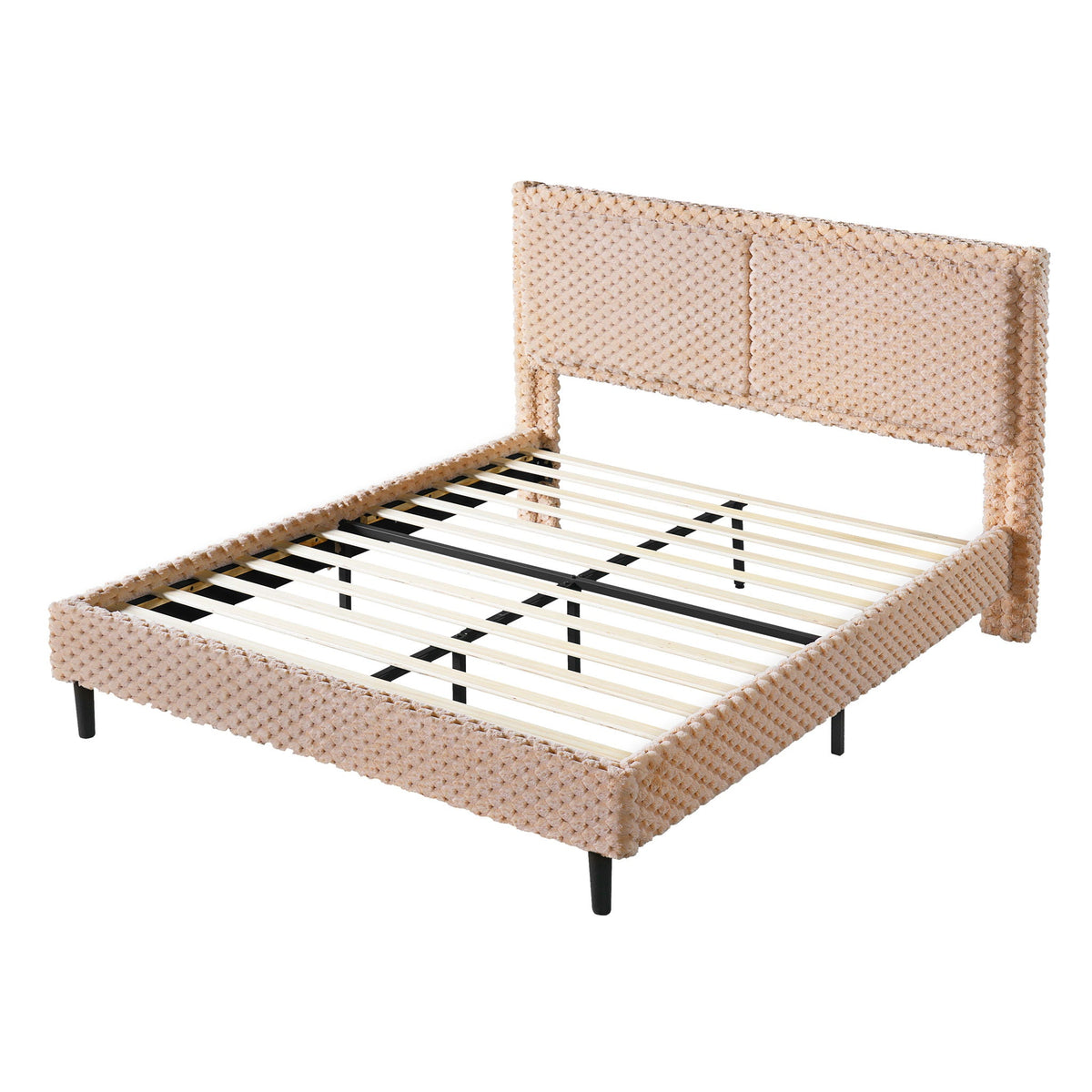 Soft beige upholstered bed backrest with woven texture on a slatted bed frame on Tampa Home & Garden Store
