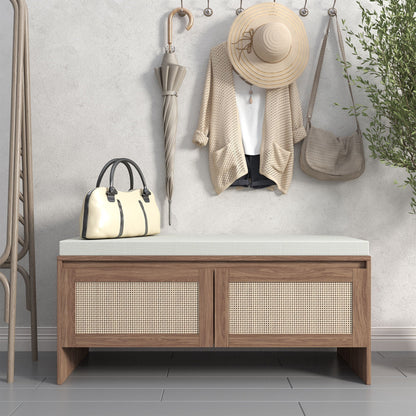 Storage bench with cushion and rattan doors in antique natural finish by HouseOfZazla on Tampa Home & Garden Store