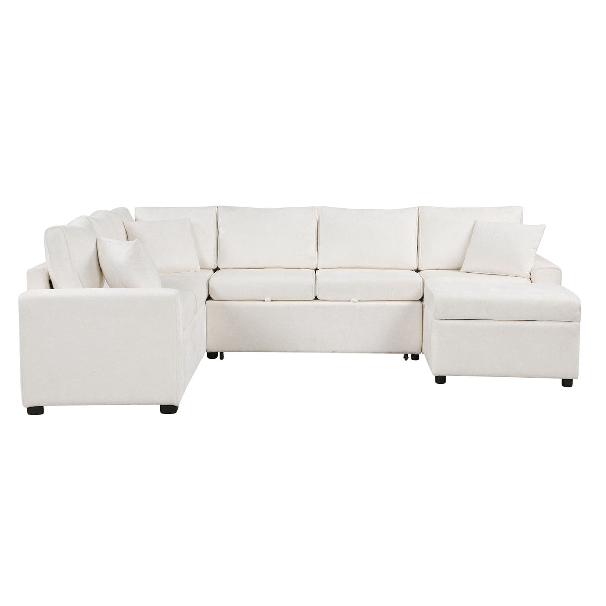 Sleeper sectional sofa with storage ottoman in white fabric and three pillows on Tampa Home & Garden Store