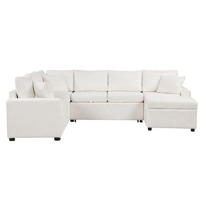 Sleeper sectional sofa with storage ottoman in white fabric and three pillows on Tampa Home & Garden Store