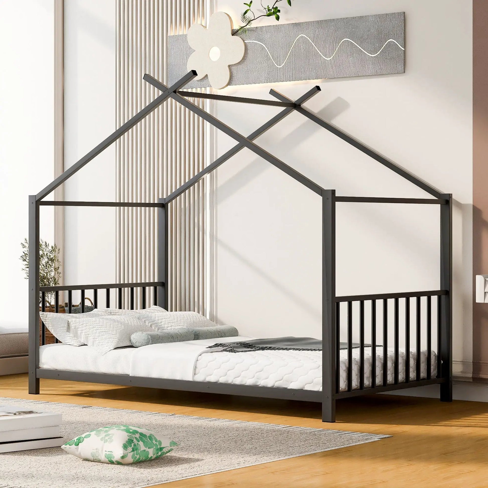 Metal canopy platform bed frame in dark gray with cross-braced rails and slatted sides on Tampa Home & Garden Store