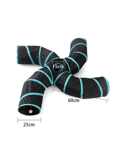 Pet cat toy collapsible S-type four-channel tunnel with black fabric turquoise trim 60cm span on Tampa Home & Garden Store