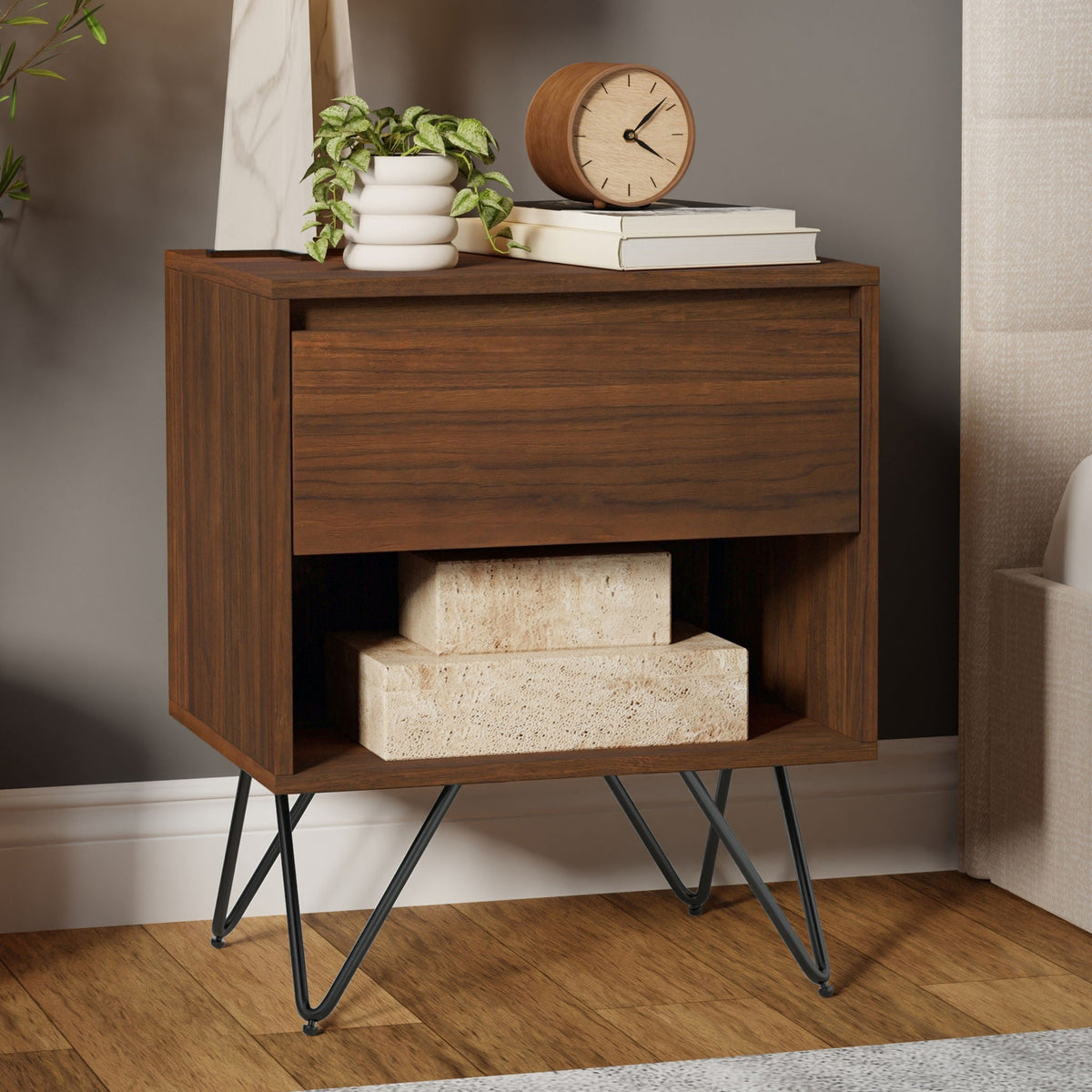 Hunter Nightstand with real wood veneer in dark brown finish, compact accent table on Tampa Home & Garden Store
