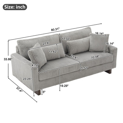 Modern stationary loveseat with four pillows in light gray corduroy upholstery on Tampa Home & Garden Store
