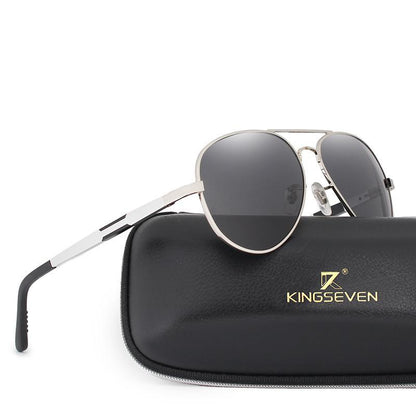Gold aviator sunglasses with aluminum frame and polarized gray lenses beside KingSeven case on Tampa Home & Garden Store