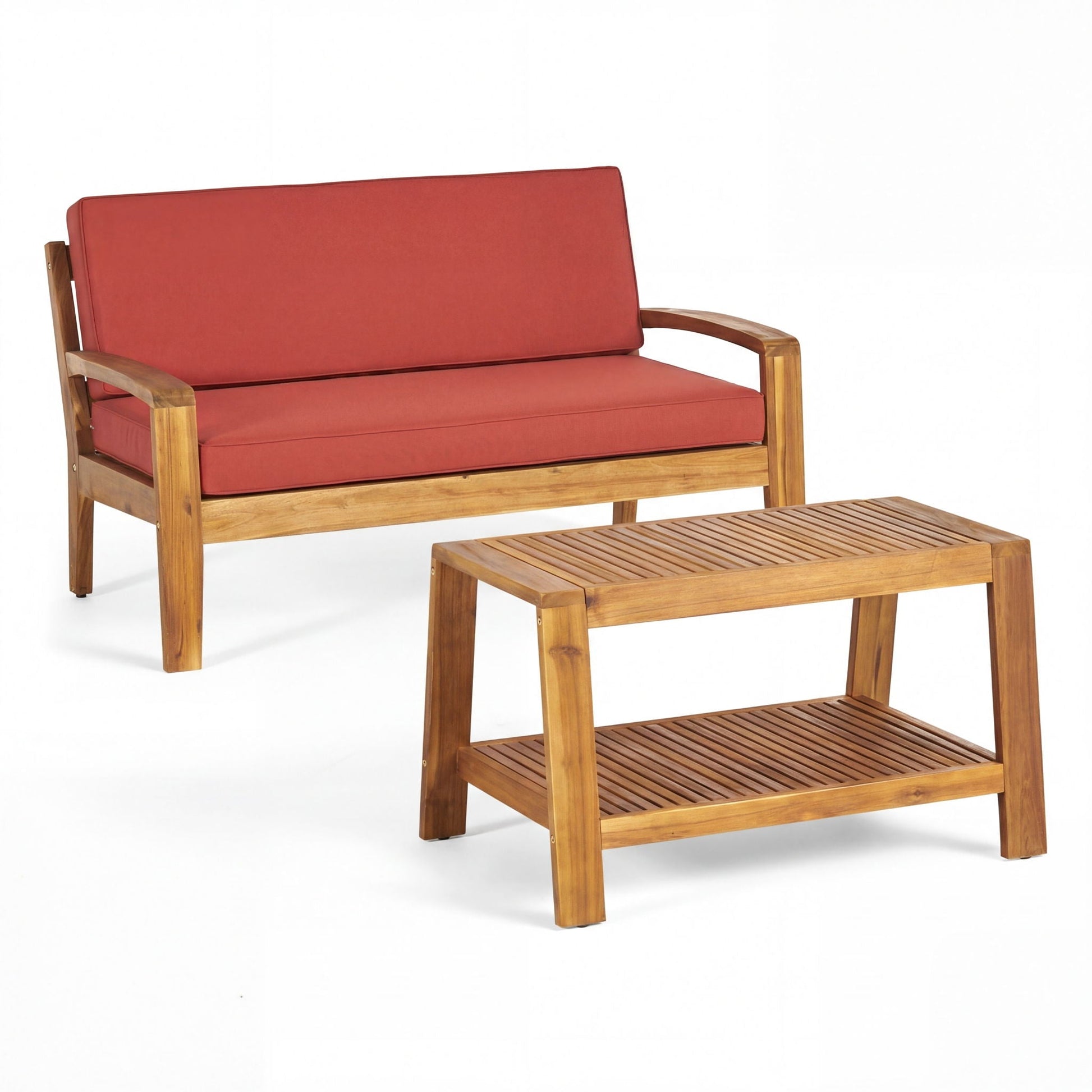 2-piece outdoor loveseat & coffee table set with red cushions, wooden frame by HouseOfZazla on Tampa Home & Garden Store