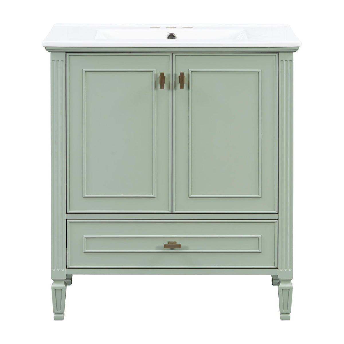Freestanding vanity with drawer and soft close doors, green finish, white sink top on Tampa Home & Garden Store