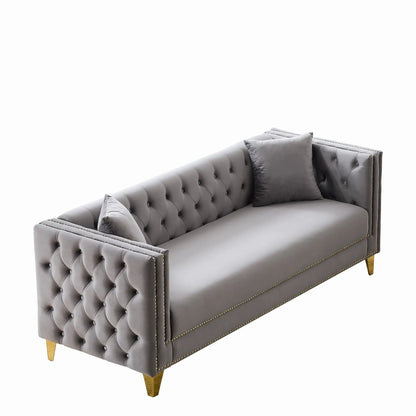 3 Seater Deep Seat Sofa with button tufting and nailhead trim, square arms, gray upholstery on Tampa Home & Garden Store