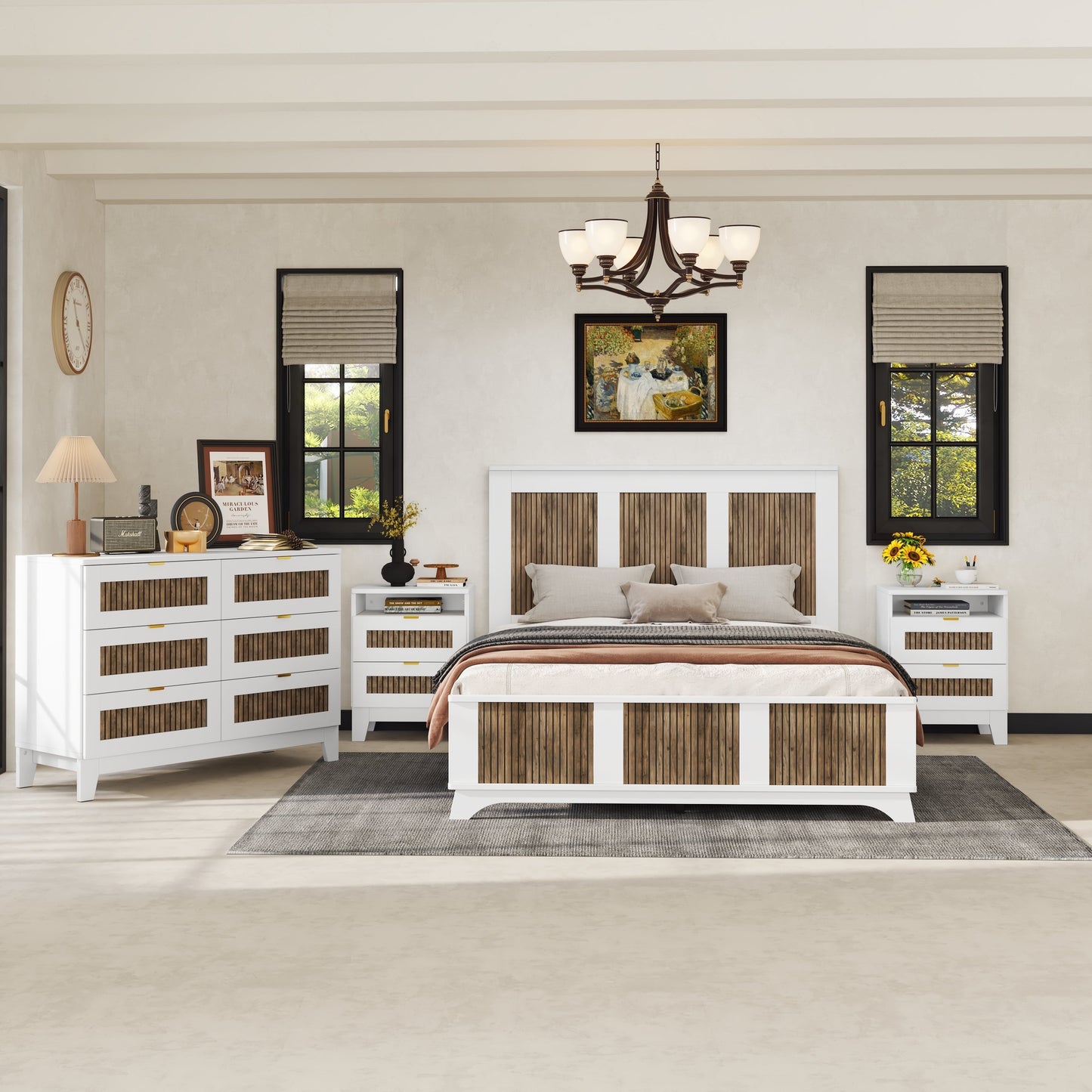 Queen farmhouse platform bed with storage in white wood by HouseOfZazla paired with dressers on Tampa Home & Garden Store