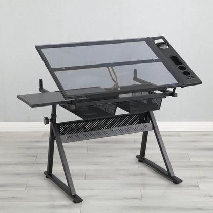 Adjustable Glass Drafting Table with Chair