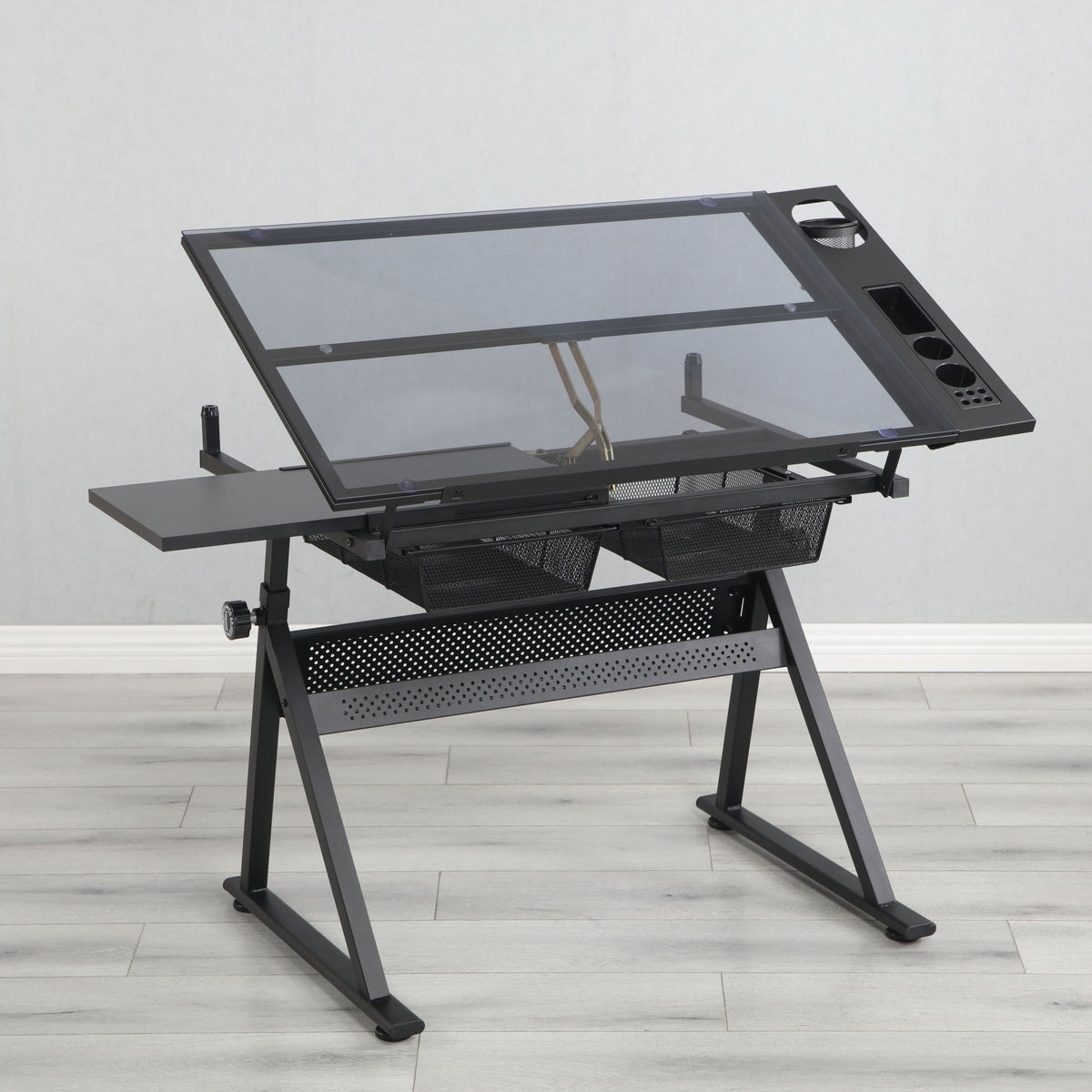 HouseOfZazla tempered glass drafting table in black with cup holder and mesh storage, 2-piece set on Tampa Home & Garden Store