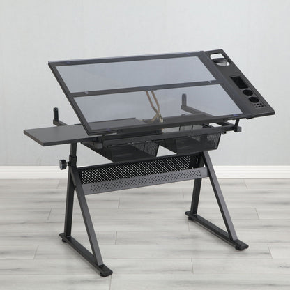 HouseOfZazla tempered glass drafting table in black with cup holder and mesh storage, 2-piece set on Tampa Home & Garden Store