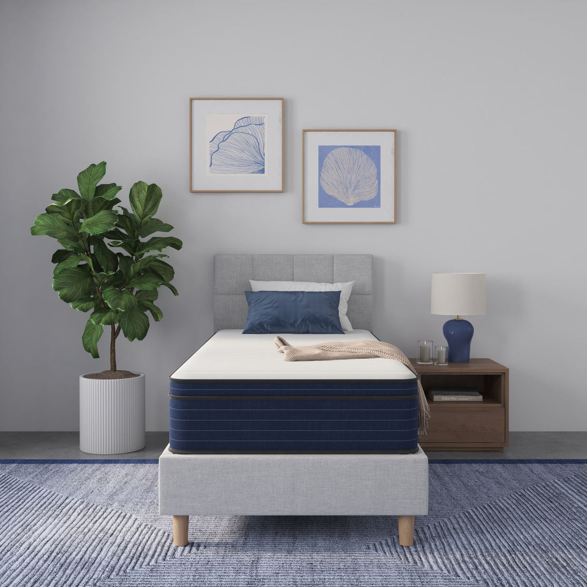 HouseOfZazla 10in medium firm euro-top hybrid cooling gel memory foam mattress in blue base on Tampa Home & Garden Store