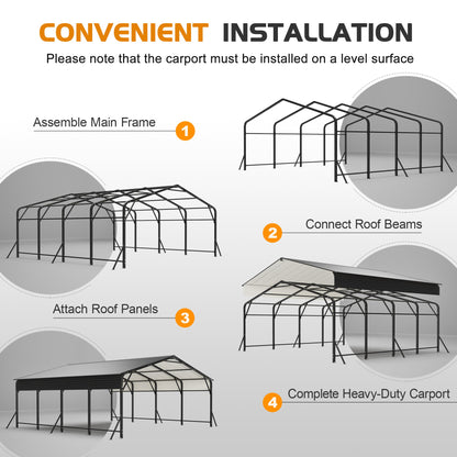 20'x20' Galvanized Steel Carport Canopy by HouseOfZazla with installation steps illustration on Tampa Home & Garden Store