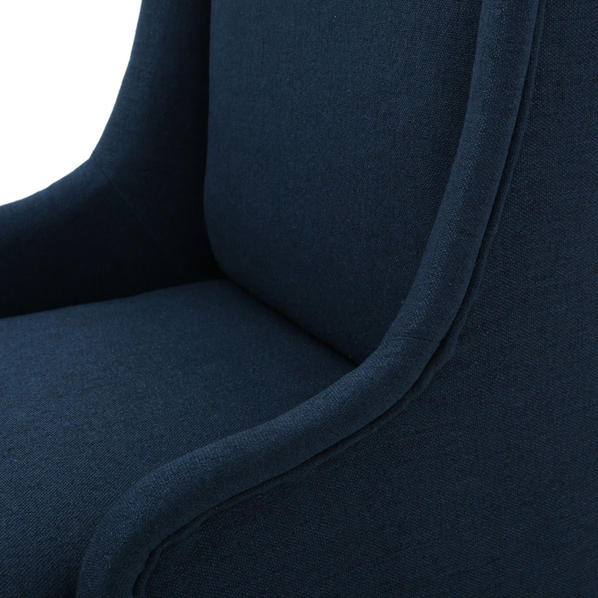 Upholstered dining chair set in blue fabric with textured weave closeup on Tampa Home & Garden Store