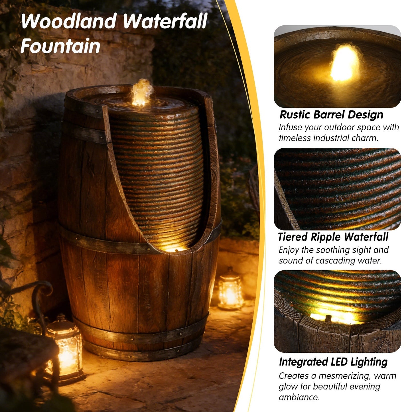 Outdoor barrel water fountain in rustic wood-look resin by HouseOfZazla on Tampa Home & Garden Store