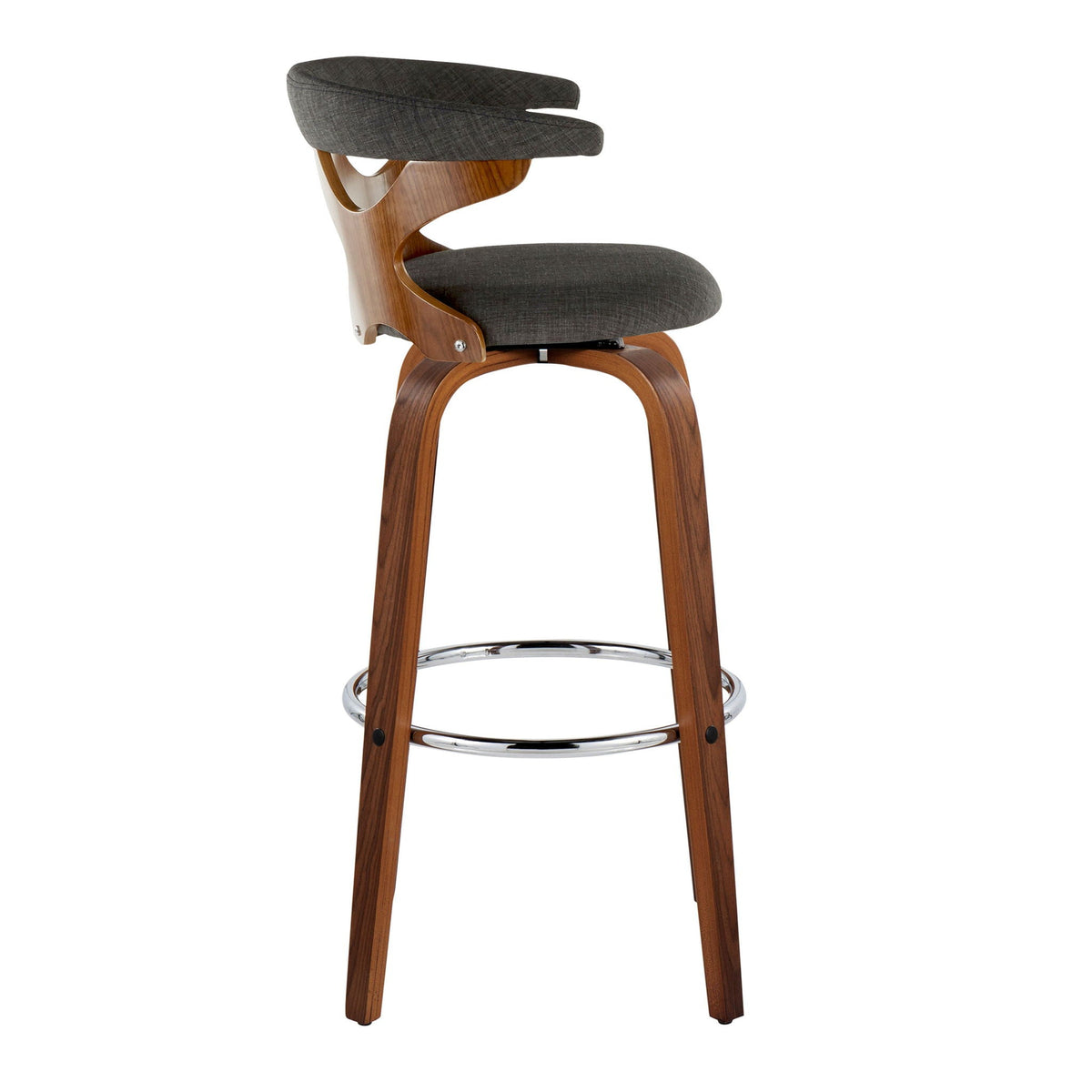 Mid Century Modern swivel bar stool with padded dark gray upholstery and curved wooden legs on Tampa Home & Garden Store