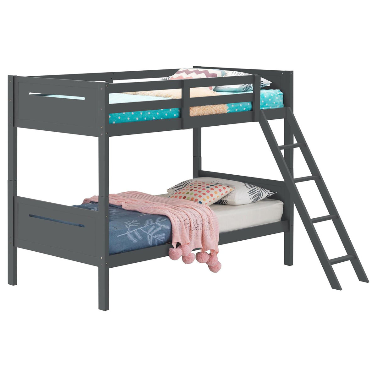 HouseOfZazla bunk bed with built-in ladder, angled access step and safety guardrails in dark gray on Tampa Home & Garden Store