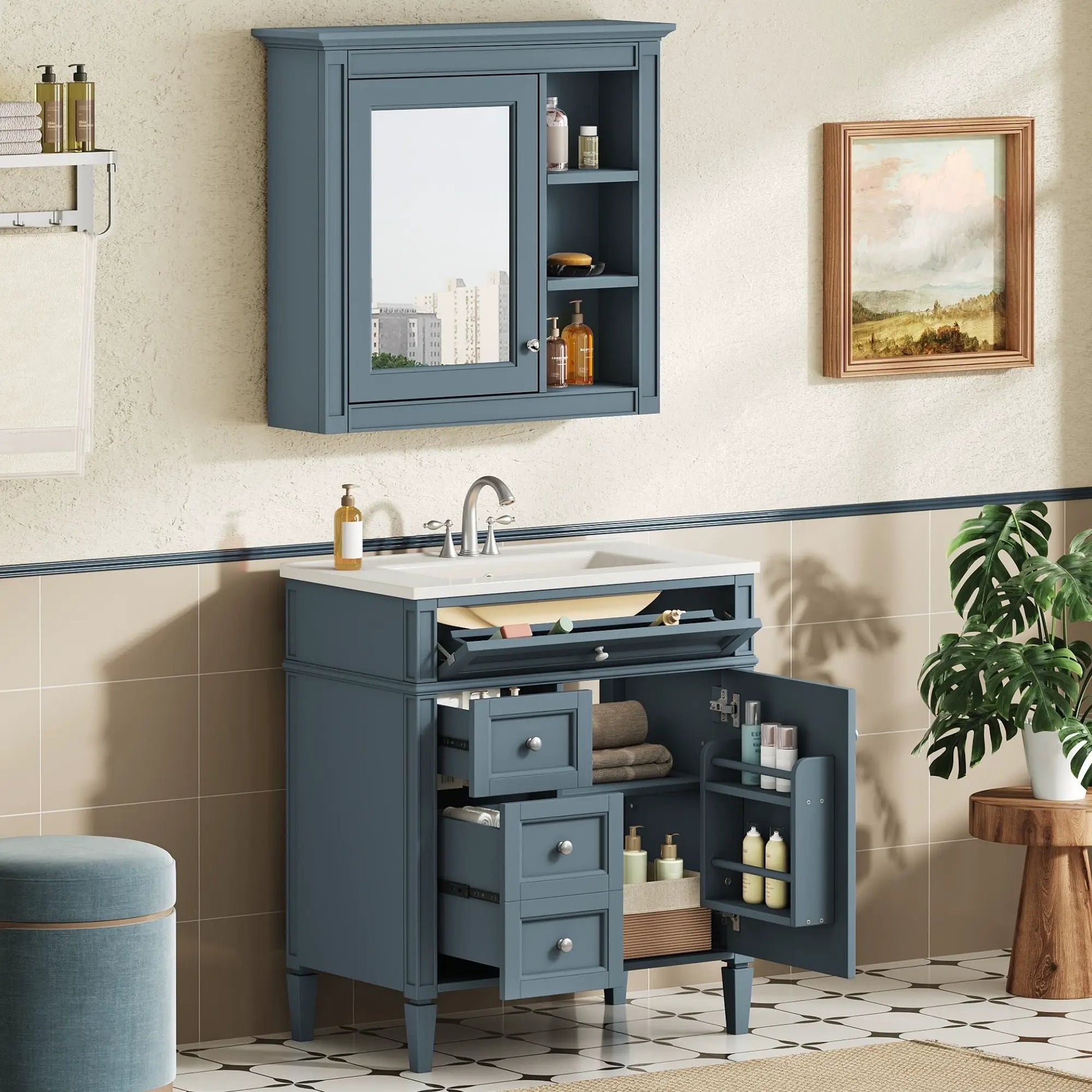 Blue vanity with medicine cabinet and royal mirror, 2 soft-closing doors, 4 drawers Unique Piece on Tampa Home & Garden Store