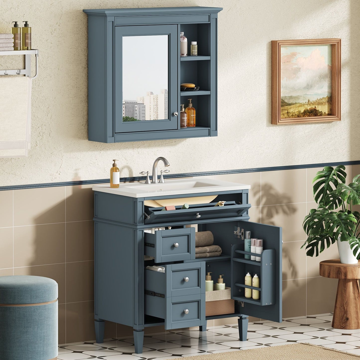 Blue bathroom vanity with medicine cabinet, mirrored door and open shelves, four drawers on Tampa Home & Garden Store