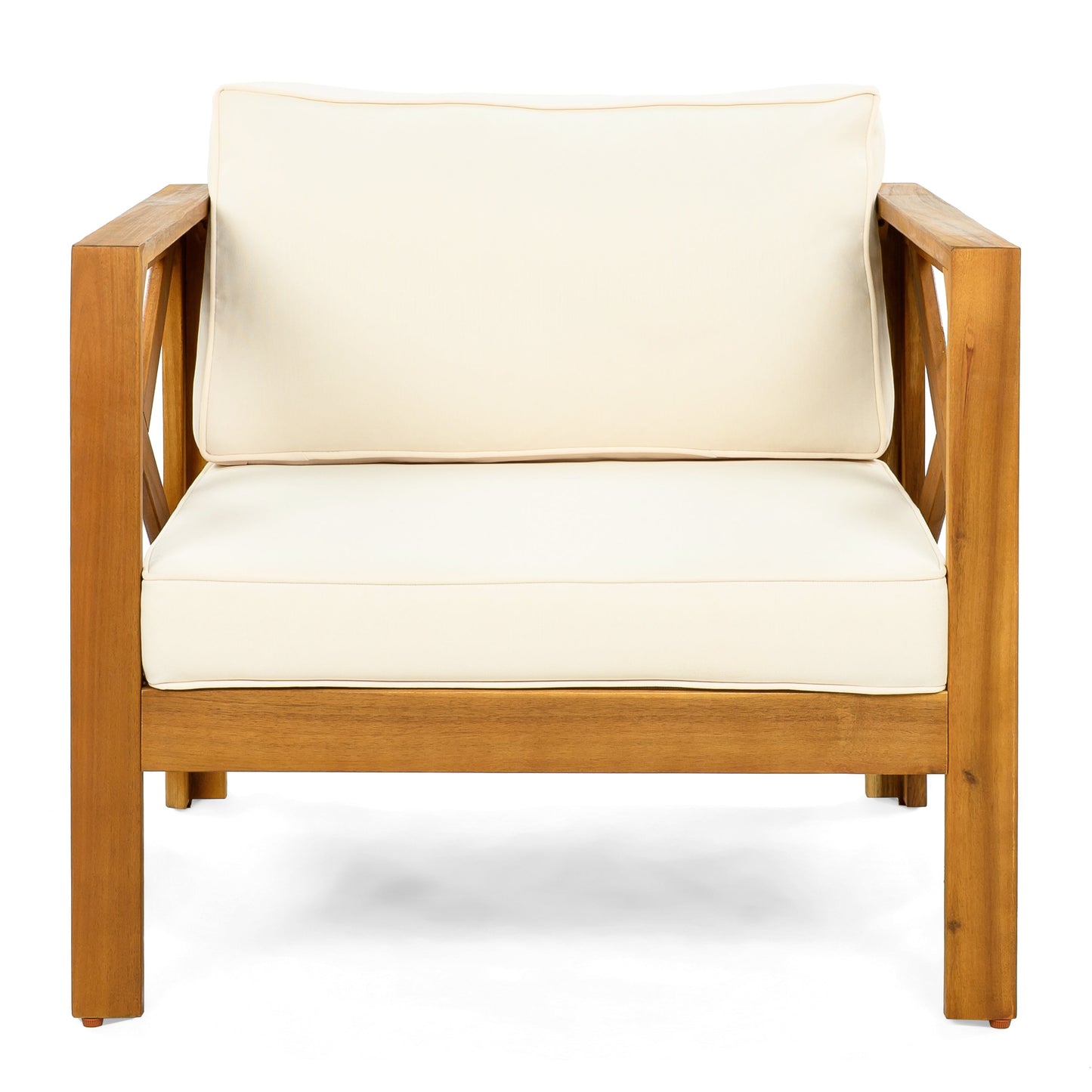 Outdoor Acacia Wood Club Chair with Cushions, cream cushions, natural wood frame on Tampa Home & Garden Store