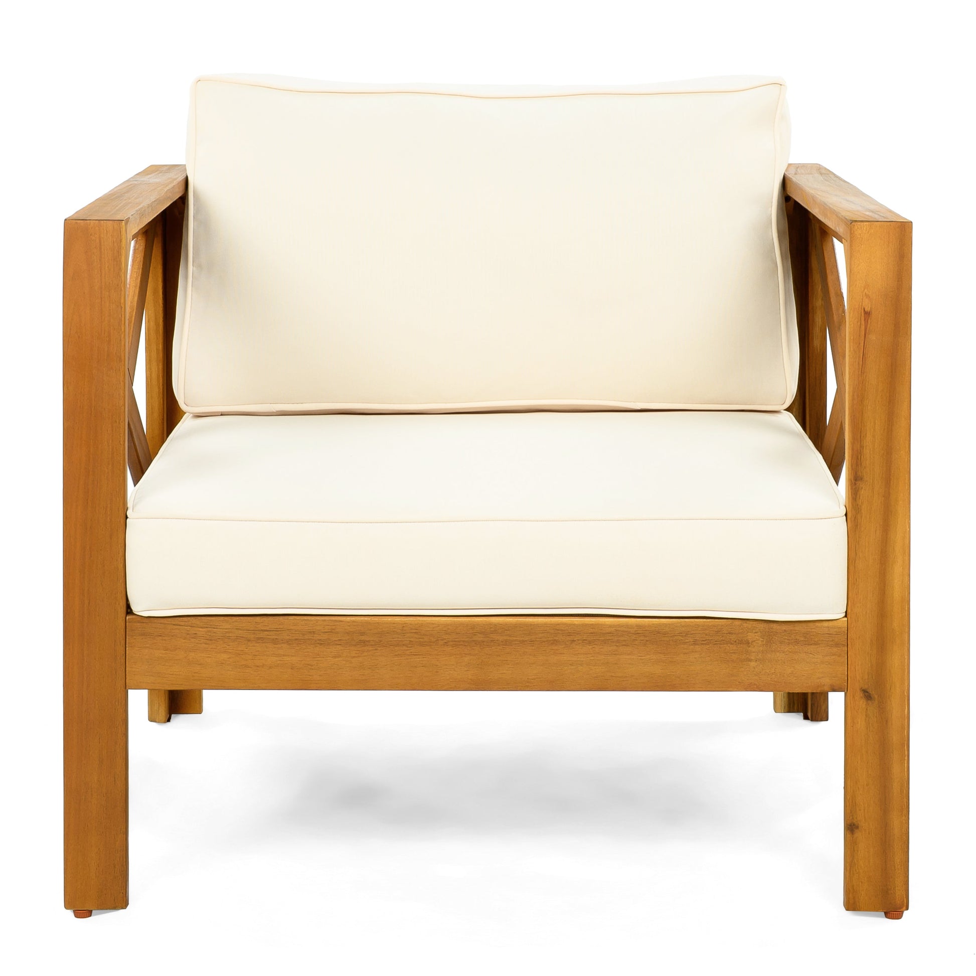 Outdoor Acacia Wood Club Chair with Cushions, cream cushions, natural wood frame on Tampa Home & Garden Store