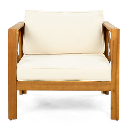 Outdoor Acacia Wood Club Chair with Cushions, cream cushions, natural wood frame on Tampa Home & Garden Store